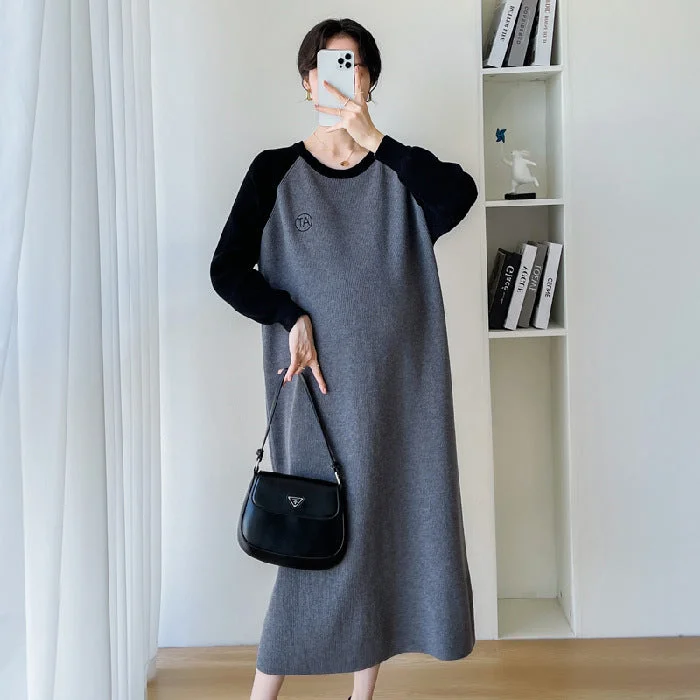 NiDELL Maternity Dress . Autumn and Winter New Korean Style Fashion Stitching Mid-Length Knitted Sweater Maternity Dress