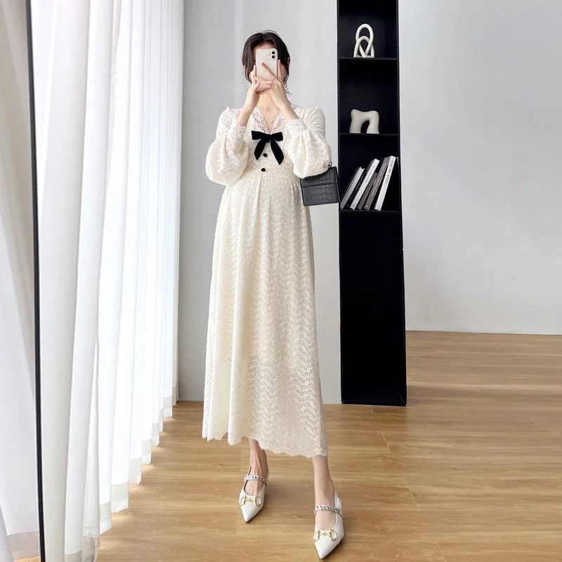 NiDELL Maternity Dress . Autumn and Winter New Lace Women's Dress Pregnant Bow Velvet Thickening Slimming Mid-Length Maternity Dress