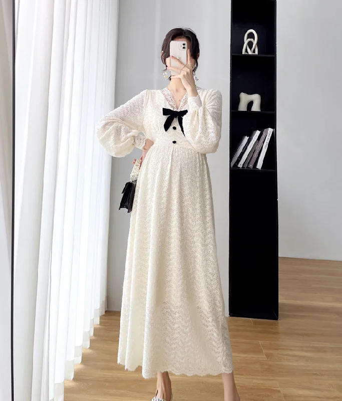 NiDELL Maternity Dress . Autumn and Winter New Lace Women's Dress Pregnant Bow Velvet Thickening Slimming Mid-Length Maternity Dress