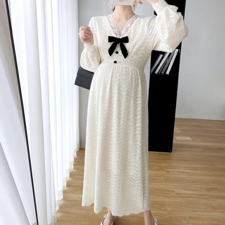 NiDELL Maternity Dress . Autumn and Winter New Lace Women's Dress Pregnant Bow Velvet Thickening Slimming Mid-Length Maternity Dress