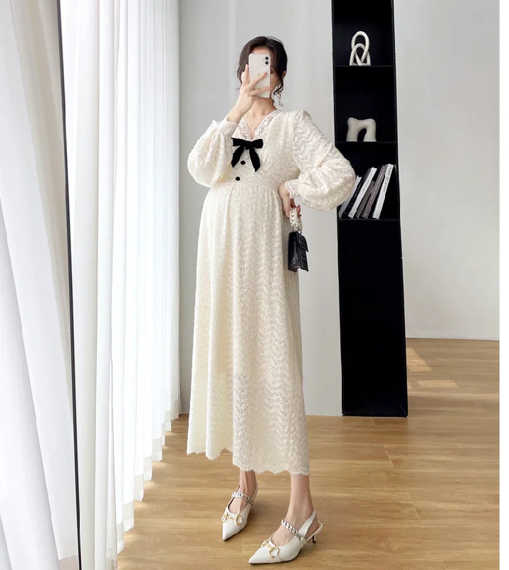 NiDELL Maternity Dress . Autumn and Winter New Lace Women's Dress Pregnant Bow Velvet Thickening Slimming Mid-Length Maternity Dress