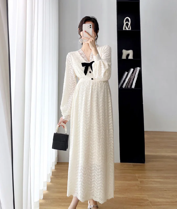 NiDELL Maternity Dress . Autumn and Winter New Lace Women's Dress Pregnant Bow Velvet Thickening Slimming Mid-Length Maternity Dress