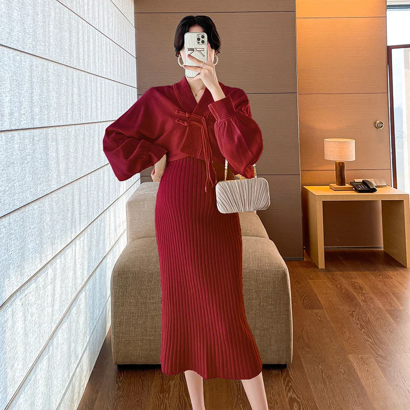 NiDELL Maternity Dress Autumn and Winter . Slim Strap Maternity Dress Pregnant Women Two-Piece Sweater Online Hot Mom Suit