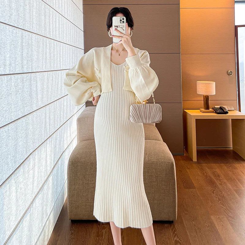 NiDELL Maternity Dress Autumn and Winter . Slim Strap Maternity Dress Pregnant Women Two-Piece Sweater Online Hot Mom Suit