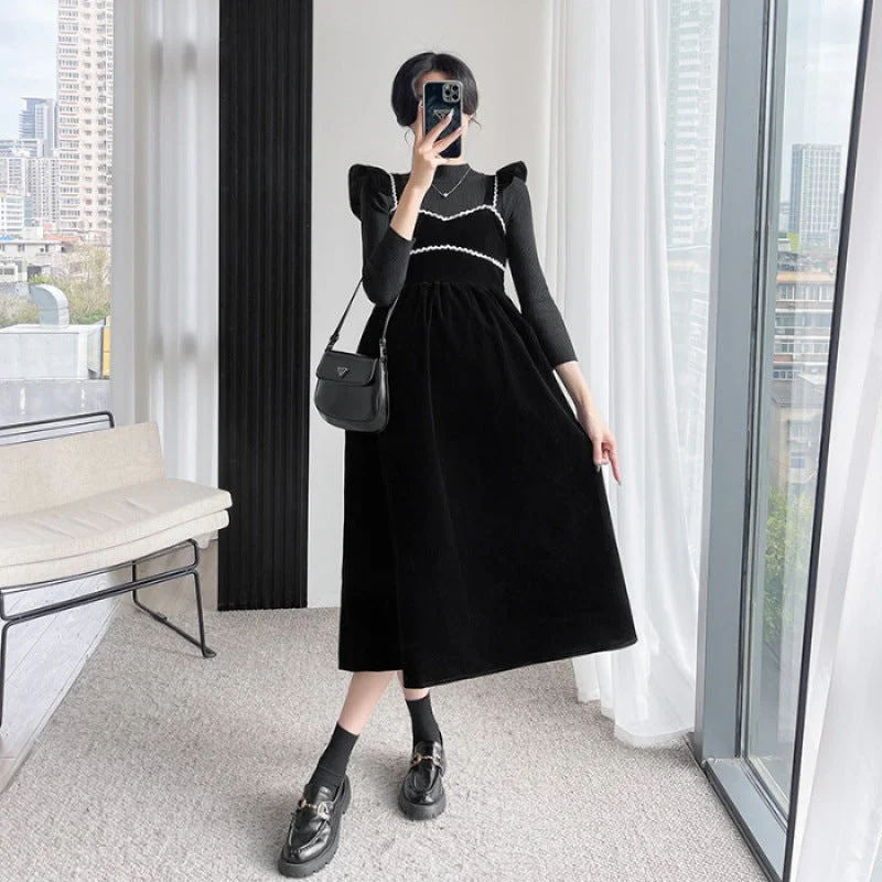 NiDELL Maternity Dress . Autumn New Pregnant Women Sweet Elegant Suspender Skirt + Bottoming Shirt Black Camisole Suit