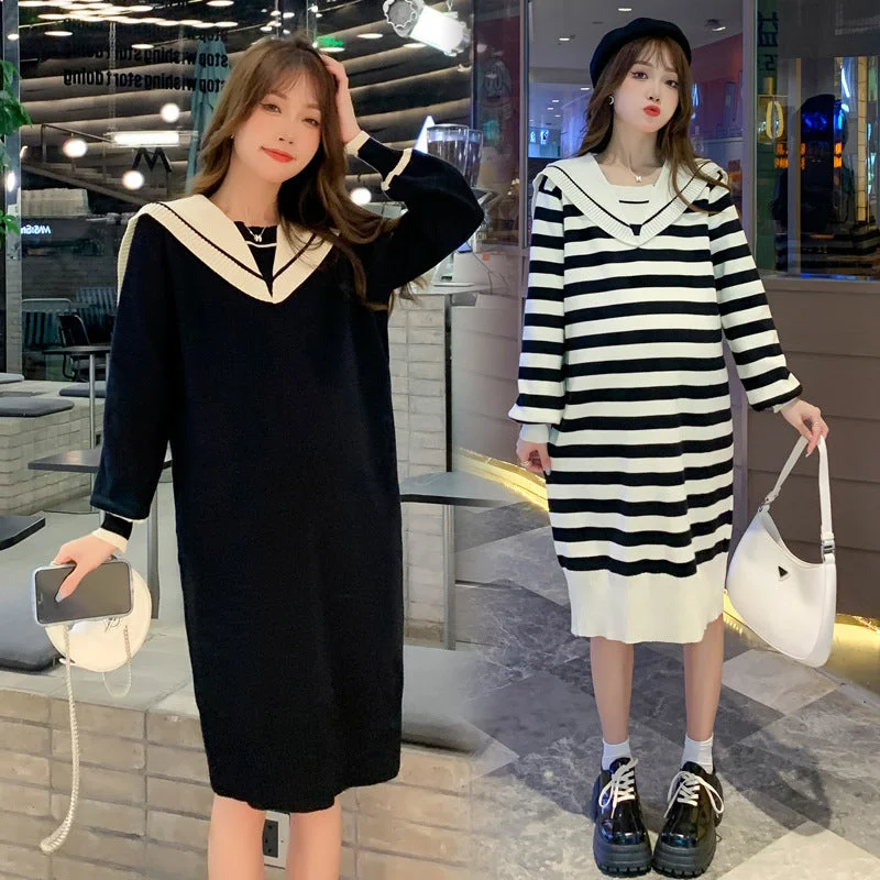 NiDELL Maternity Dress . Mid-Length Autumn and Winter Striped Sweater Sailor Collar Fashion Loose Korean Style Maternity Dress