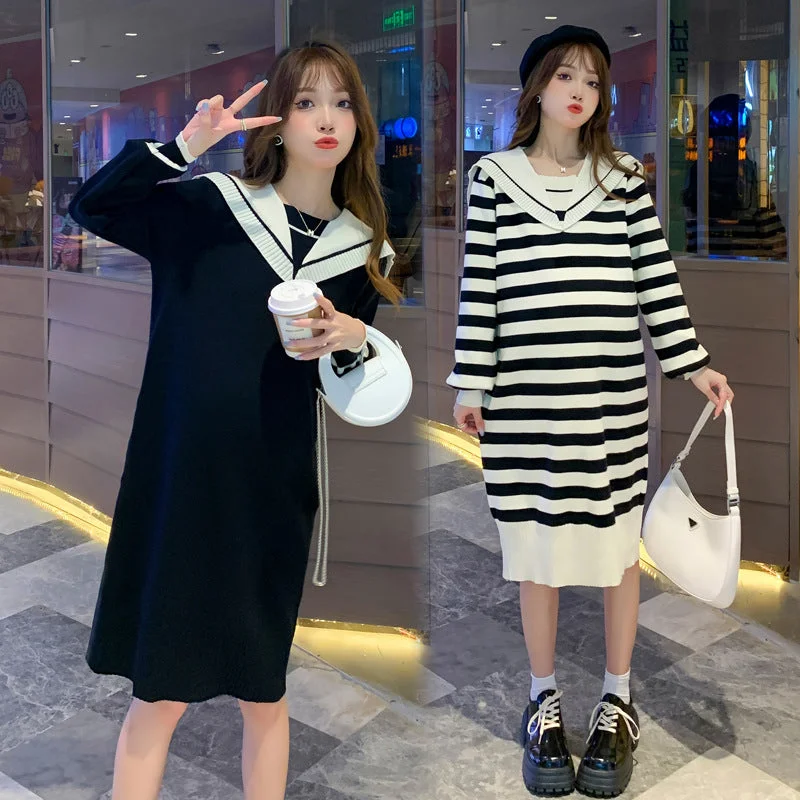 NiDELL Maternity Dress . Mid-Length Autumn and Winter Striped Sweater Sailor Collar Fashion Loose Korean Style Maternity Dress