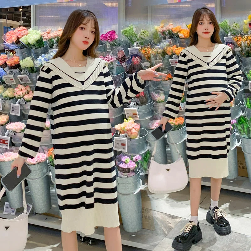 NiDELL Maternity Dress . Mid-Length Autumn and Winter Striped Sweater Sailor Collar Fashion Loose Korean Style Maternity Dress