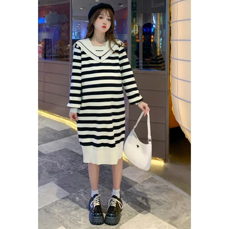 NiDELL Maternity Dress . Mid-Length Autumn and Winter Striped Sweater Sailor Collar Fashion Loose Korean Style Maternity Dress