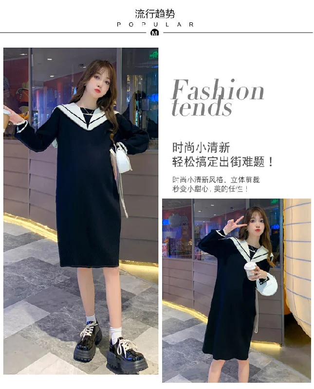 NiDELL Maternity Dress . Mid-Length Autumn and Winter Striped Sweater Sailor Collar Fashion Loose Korean Style Maternity Dress