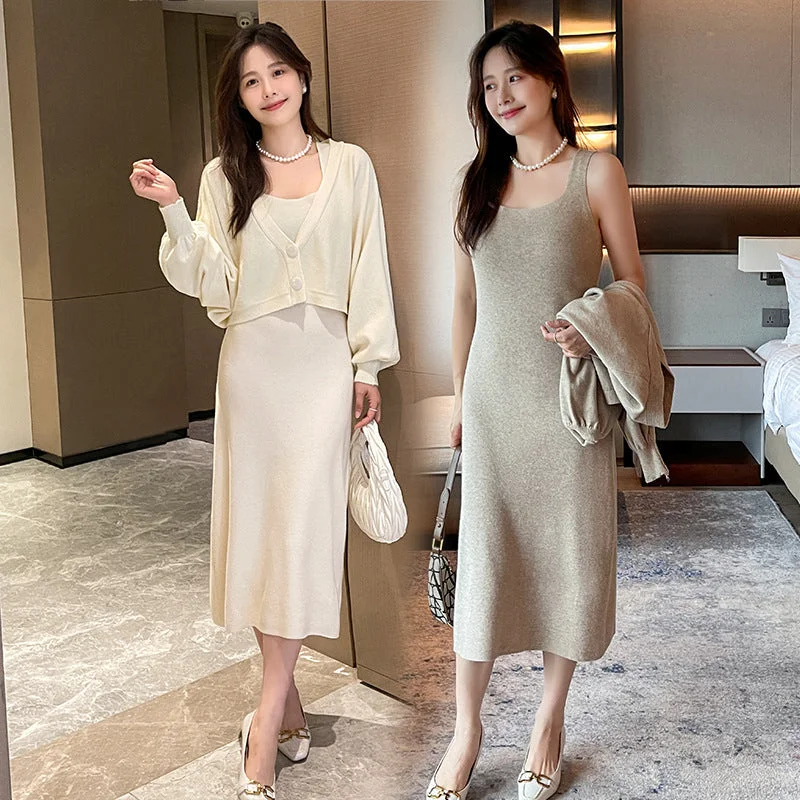 NiDELL Maternity Dress . New Autumn Korean Style Fashionable Knitted Vest Long Dress Two Piece Set for Pregnant Women Dress Advanced