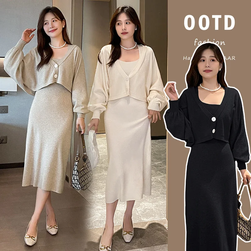 NiDELL Maternity Dress . New Autumn Korean Style Fashionable Knitted Vest Long Dress Two Piece Set for Pregnant Women Dress Advanced