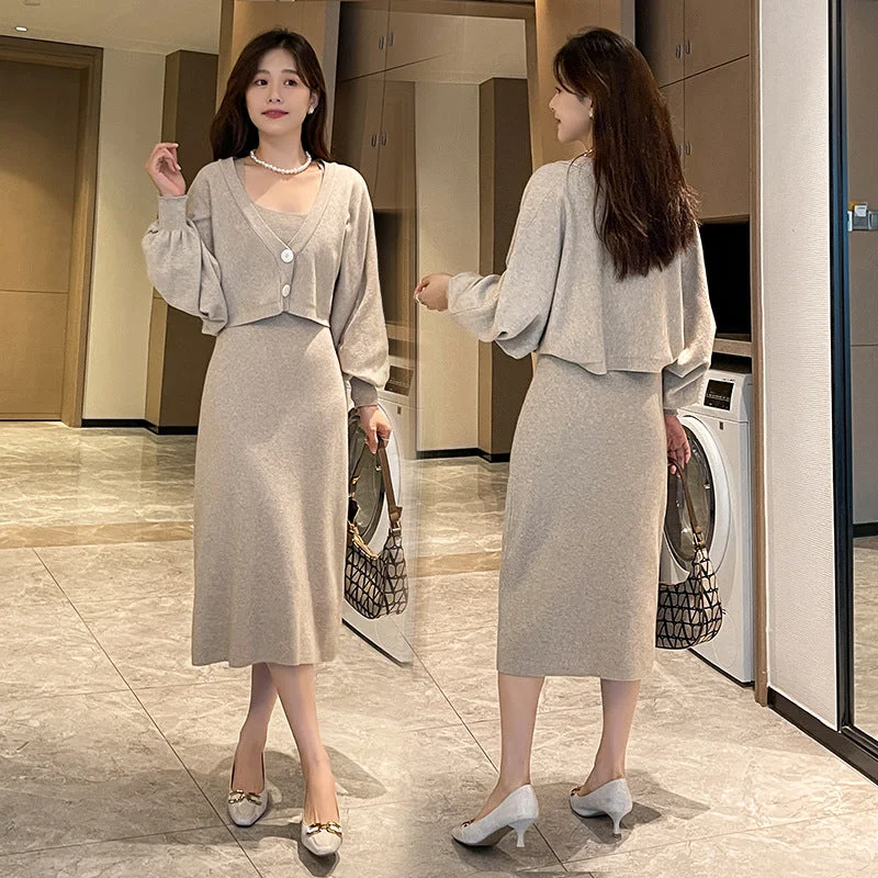 NiDELL Maternity Dress . New Autumn Korean Style Fashionable Knitted Vest Long Dress Two Piece Set for Pregnant Women Dress Advanced