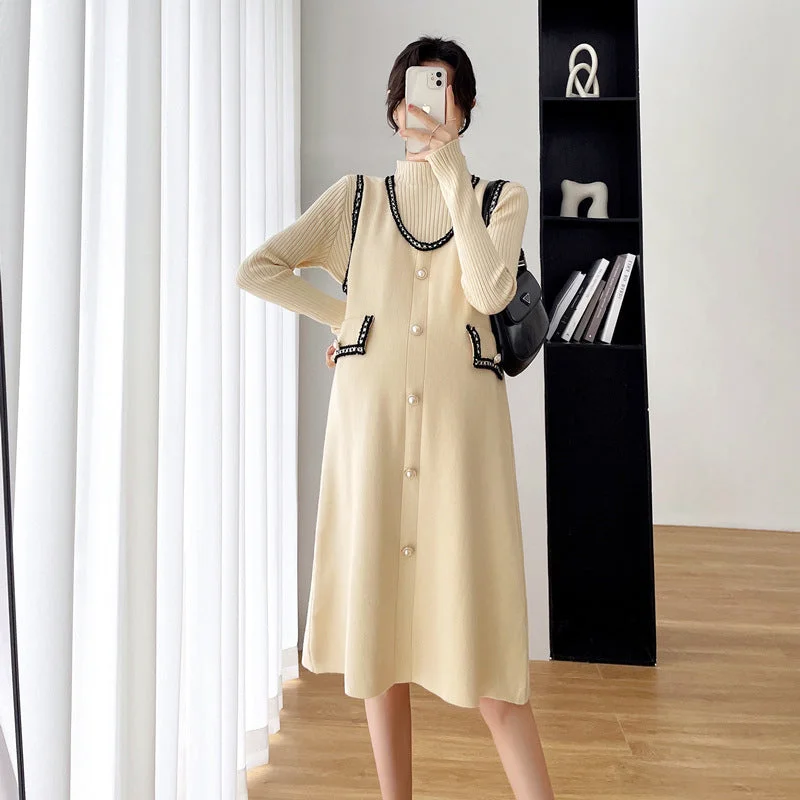 NiDELL Maternity Dress . New Fashion Mid-Length Classic Style Knitted Vest Dress Two-Piece Korean Style Winter