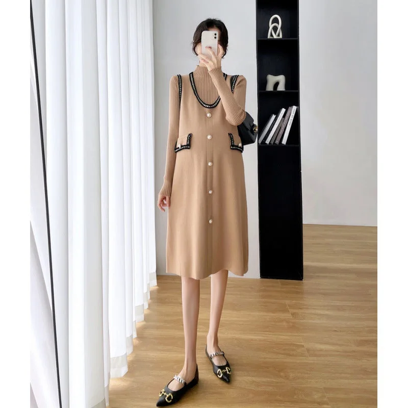 NiDELL Maternity Dress . New Fashion Mid-Length Classic Style Knitted Vest Dress Two-Piece Korean Style Winter