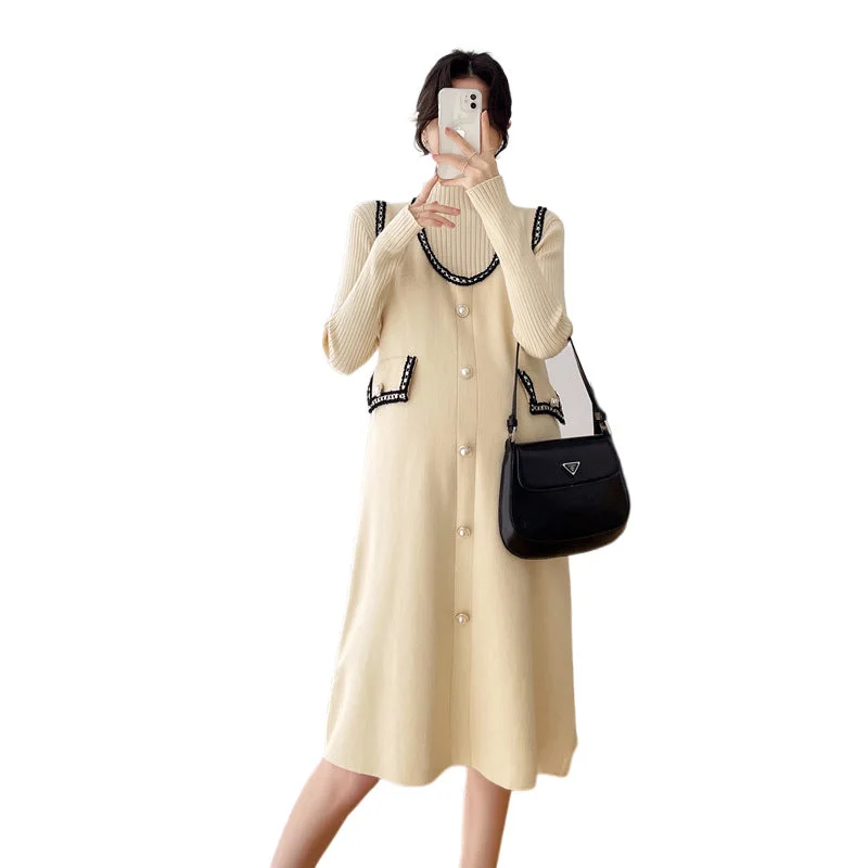 NiDELL Maternity Dress . New Fashion Mid-Length Classic Style Knitted Vest Dress Two-Piece Korean Style Winter