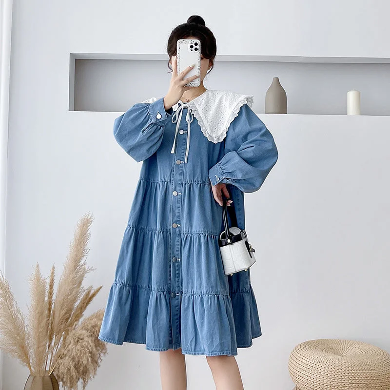 NiDELL Maternity Dress . New Korean Style Denim Long Skirts Spring Trendy Mom Fashion Maternity Dress