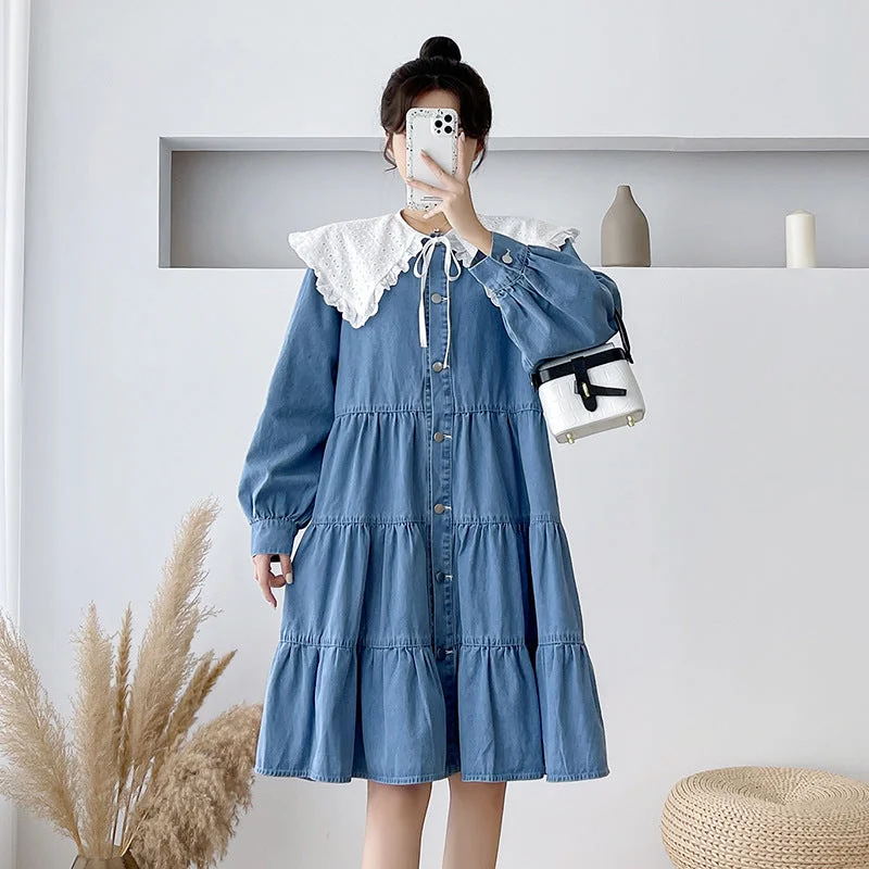 NiDELL Maternity Dress . New Korean Style Denim Long Skirts Spring Trendy Mom Fashion Maternity Dress