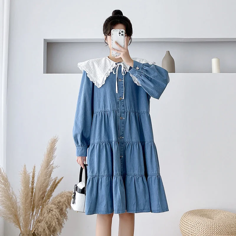 NiDELL Maternity Dress . New Korean Style Denim Long Skirts Spring Trendy Mom Fashion Maternity Dress