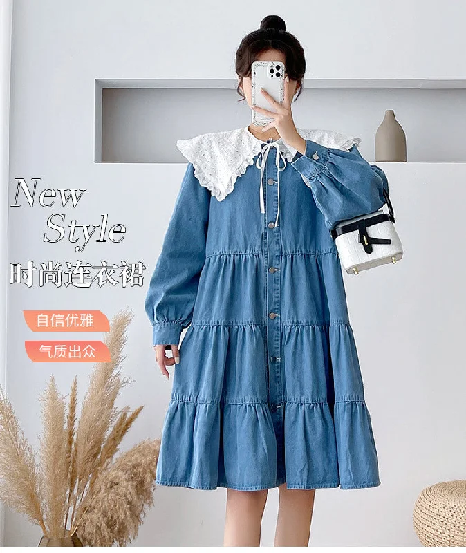 NiDELL Maternity Dress . New Korean Style Denim Long Skirts Spring Trendy Mom Fashion Maternity Dress