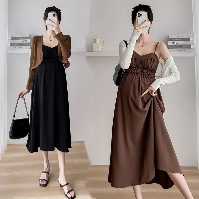 NiDELL Maternity Dress . Spring and Autumn New Suspender Long Dress Cardigan Fashion Two-Piece Suit Suspender Skirt Fashion