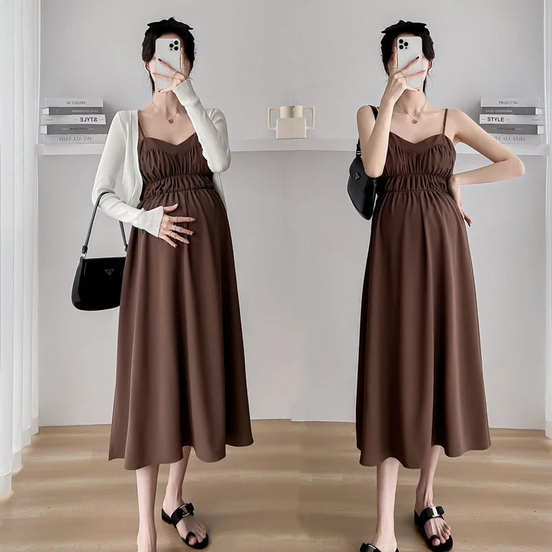 NiDELL Maternity Dress . Spring and Autumn New Suspender Long Dress Cardigan Fashion Two-Piece Suit Suspender Skirt Fashion