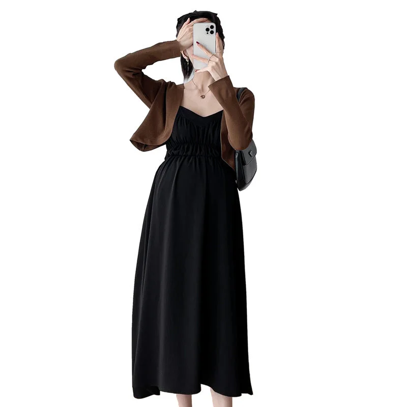 NiDELL Maternity Dress . Spring and Autumn New Suspender Long Dress Cardigan Fashion Two-Piece Suit Suspender Skirt Fashion