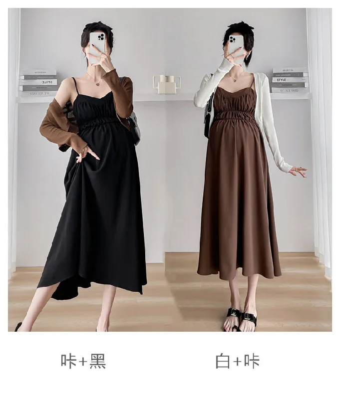 NiDELL Maternity Dress . Spring and Autumn New Suspender Long Dress Cardigan Fashion Two-Piece Suit Suspender Skirt Fashion