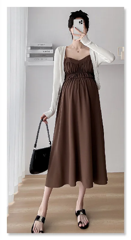 NiDELL Maternity Dress . Spring and Autumn New Suspender Long Dress Cardigan Fashion Two-Piece Suit Suspender Skirt Fashion