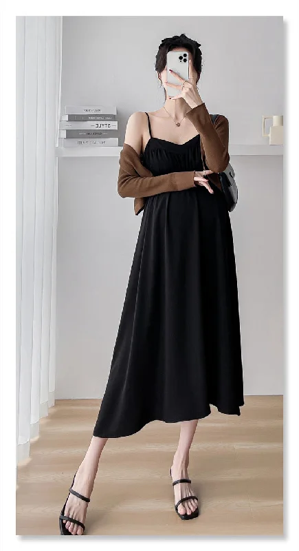 NiDELL Maternity Dress . Spring and Autumn New Suspender Long Dress Cardigan Fashion Two-Piece Suit Suspender Skirt Fashion