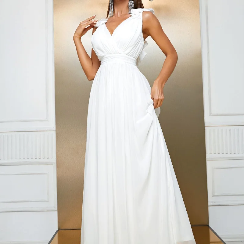 NiDELL New Chiffon Dress European and American Sleeveless Cross V-neck Ball Evening Long Dress-MGW024-1