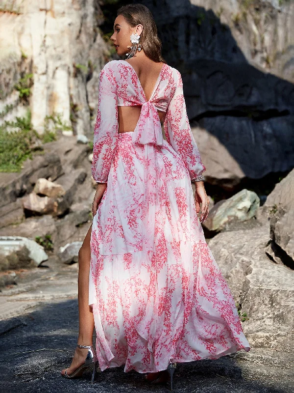 NiDELL New European and American Sexy Dress Sexy Chiffon Printed Long Sleeve Hollow out Split Long Dress-A147