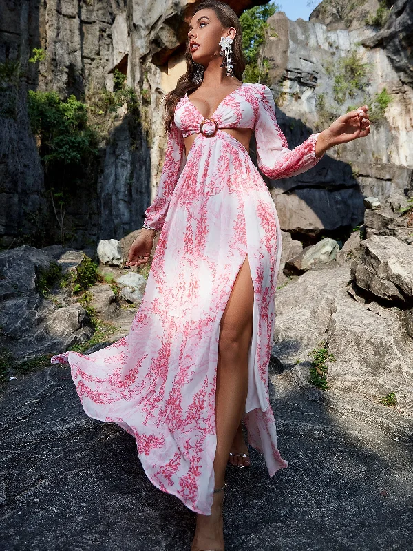 NiDELL New European and American Sexy Dress Sexy Chiffon Printed Long Sleeve Hollow out Split Long Dress-A147