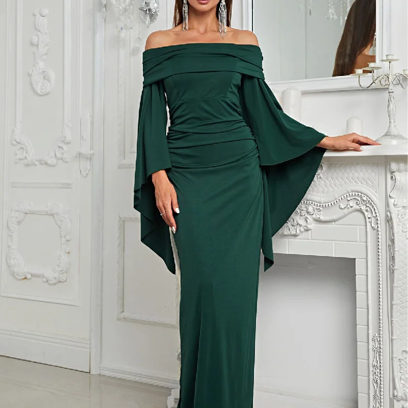 NiDELL New Evening Dress Foreign Trade off-Shoulder Long Sleeve Slim Fit Slit Dress Banquet Dress-Mgx572