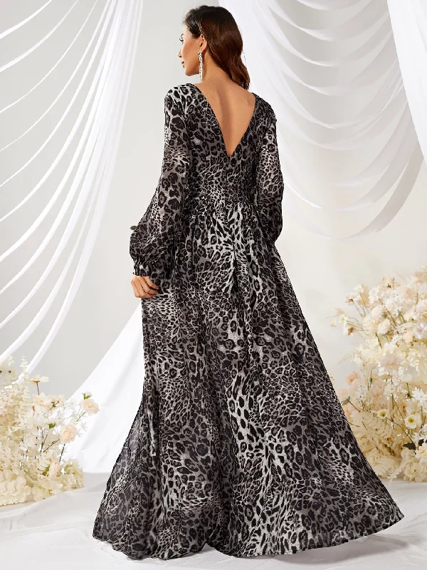 NiDELL New Products in Stock Leopard Print Dress Chic Leopard Print Printed V-neck Split Long Sleeve Chiffon Dress-Ssn181