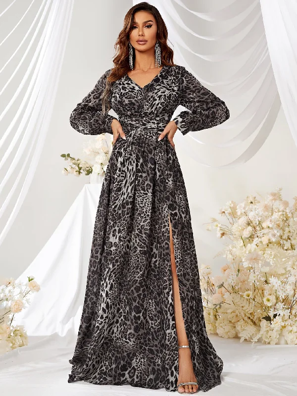 NiDELL New Products in Stock Leopard Print Dress Chic Leopard Print Printed V-neck Split Long Sleeve Chiffon Dress-Ssn181