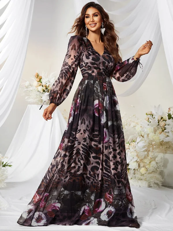 NiDELL Spring and Summer Hot Sale Spot Chiffon V-neck Dress Leopard Print Fashion Long Sleeve Long Dress-Mgn464