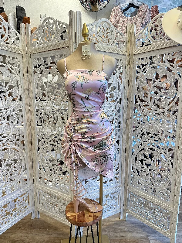 Pink Satin Leaf Pattern Dress