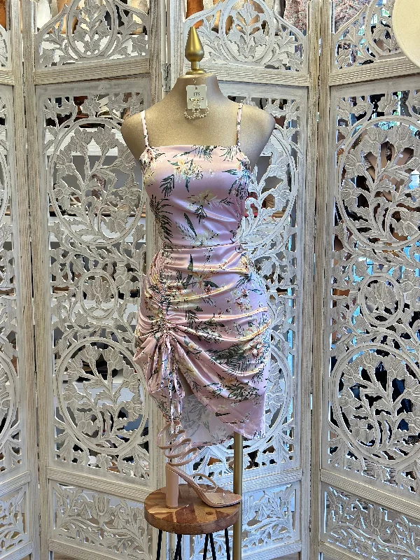 Pink Satin Leaf Pattern Dress