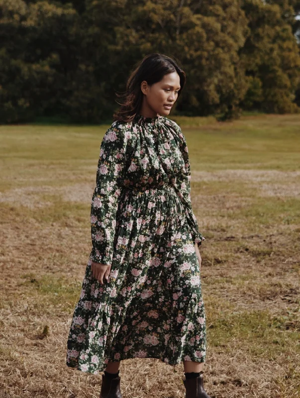 PRAIRIE ROSE FLORAL FOREST GREEN DRESS