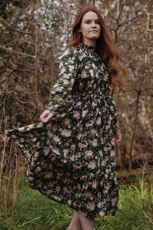 PRAIRIE ROSE FLORAL FOREST GREEN DRESS