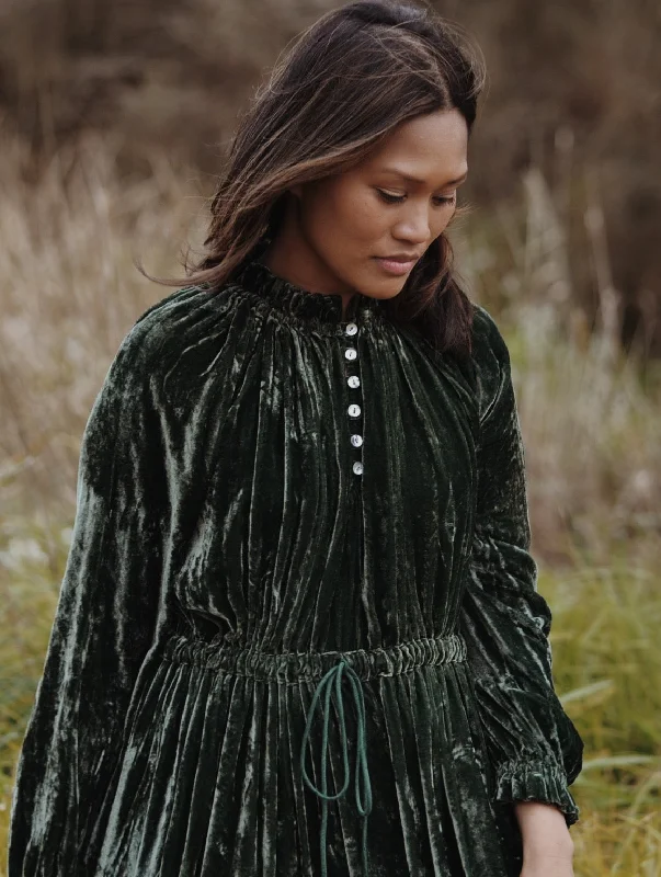 PRAIRIE SILK VELVET DRESS FOREST GREEN