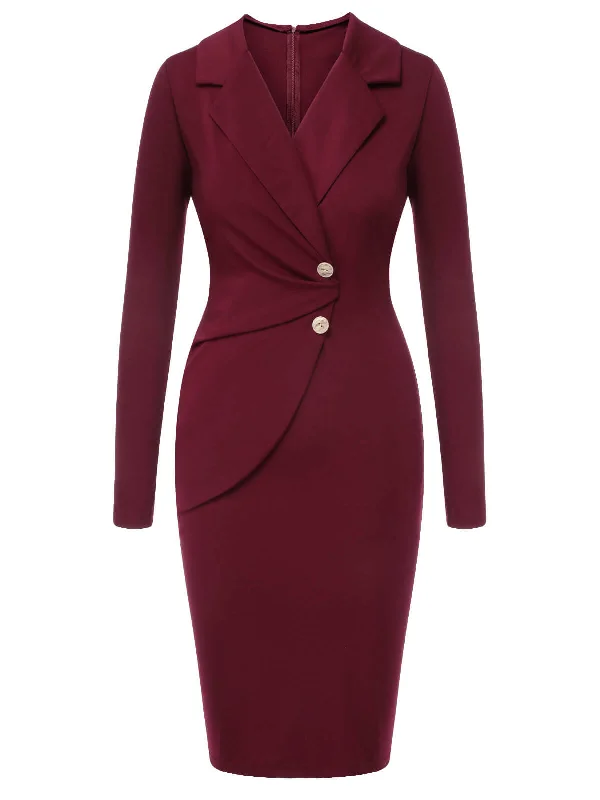 Purplish Red 1940s Solid Long Sleeved Lapel Dress