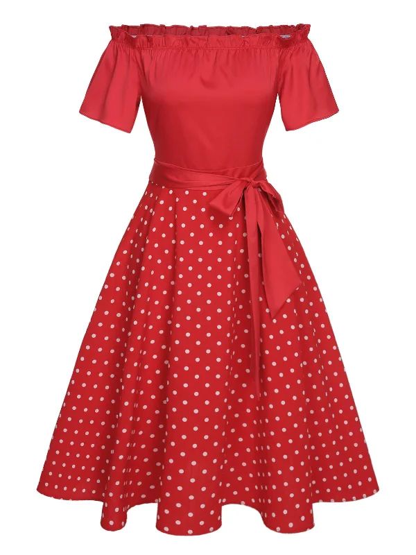 Red 1950s Off-Shoulder Polka Dots Belted Dress