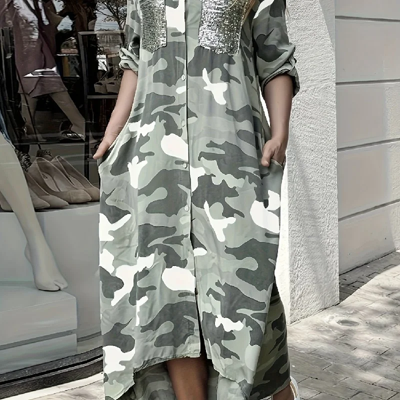 Sixsr Camo Print Shirt Dress, Casual Button Front Long Sleeve Collar Dress, Women's Clothing