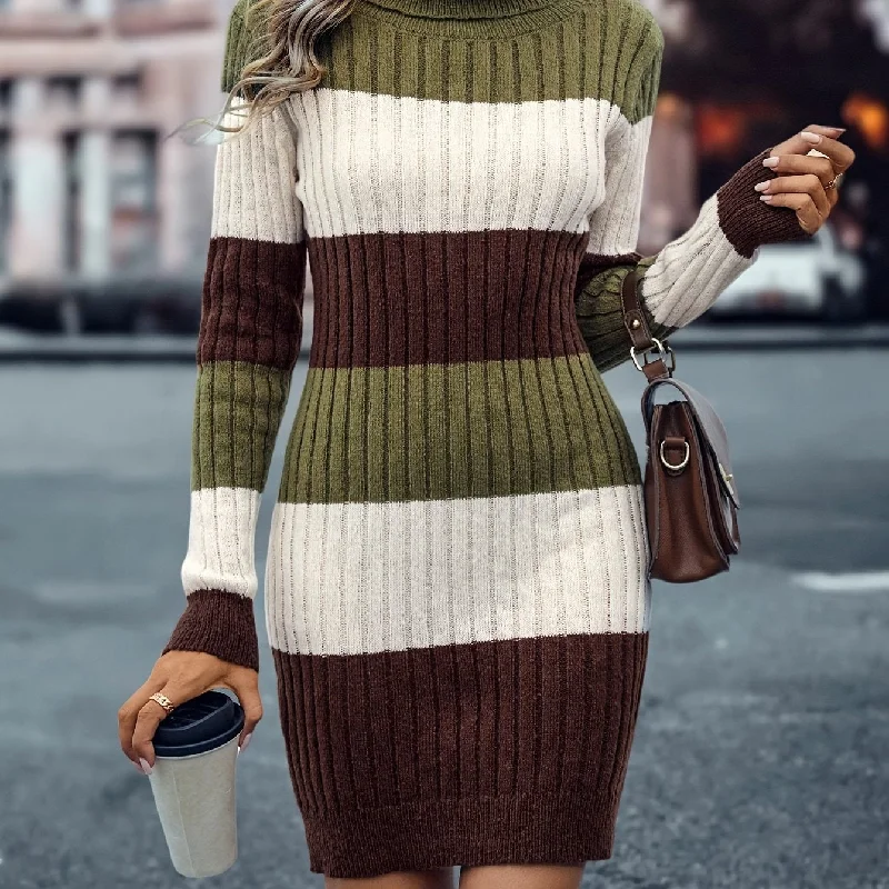 Sixsr Color Block Striped Sweater Dress, Casual Turtleneck Long Sleeve Dress, Women's Clothing