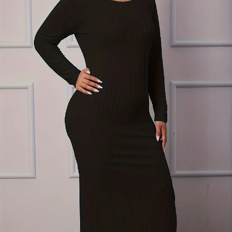 Sixsr Plus Size Casual Dress, Women's Plus Solid Ribbed Long Sleeve Round Neck Split Hem Maxi Dress