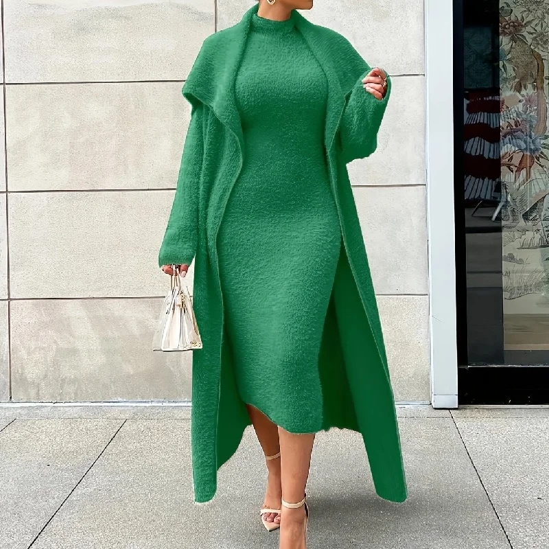 Sixsr Plus Size Elegant Outfits Set, Women's Plus Solid Flannel Long Sleeve Shawl Collar Cardigan & Mock Neck Tank Bodycon Midi Dress Outfits Two Piece Set