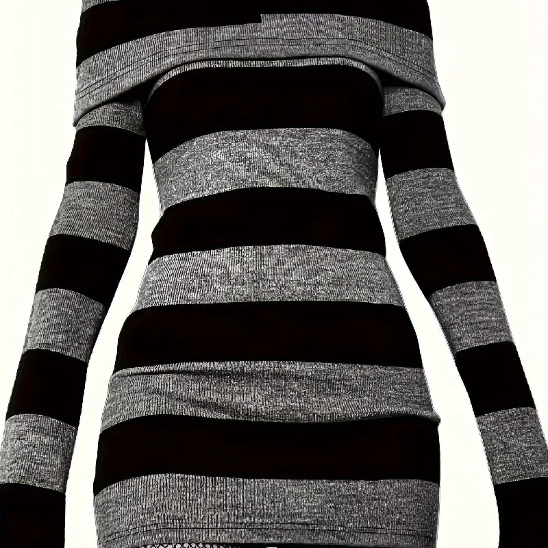 Sixsr Striped Print Foldover Dress, Casual Long Sleeve Bodycon Dress, Women's Clothing