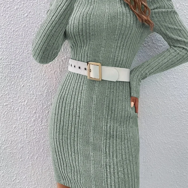 Sixsr Turtleneck Solid Sweater Dress, Casual Long Sleeve Bodycon Mini Dress, Women's Clothing